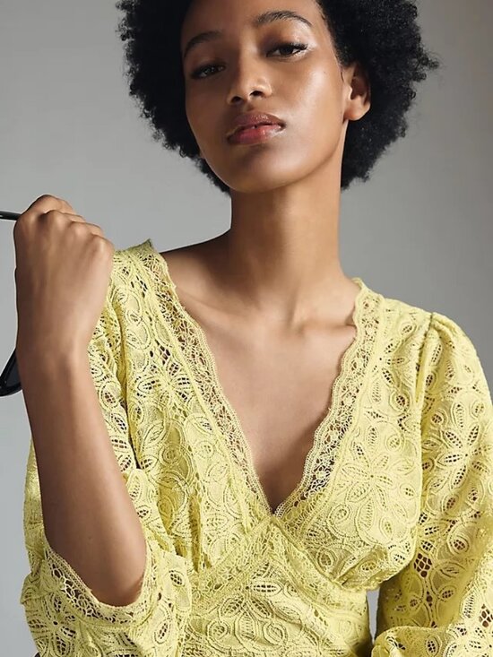 Anthropologie NWT V-Neck Lace Dress Midi in Chartreuse size 8 - Picture 10 of 11